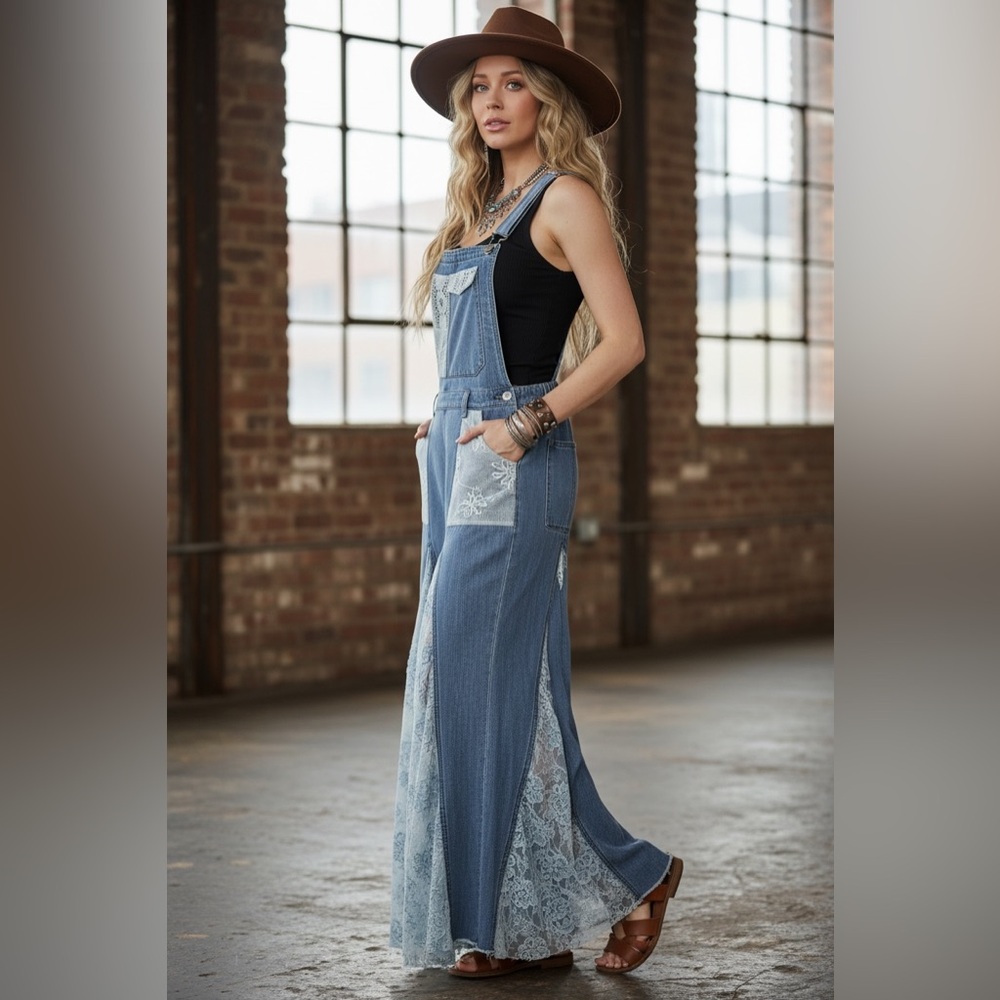 NWT Ultra Wide Leg Flare Lace Panel Patchwork Denim Jean Overalls Jumpsuit - Picture 11 of 14